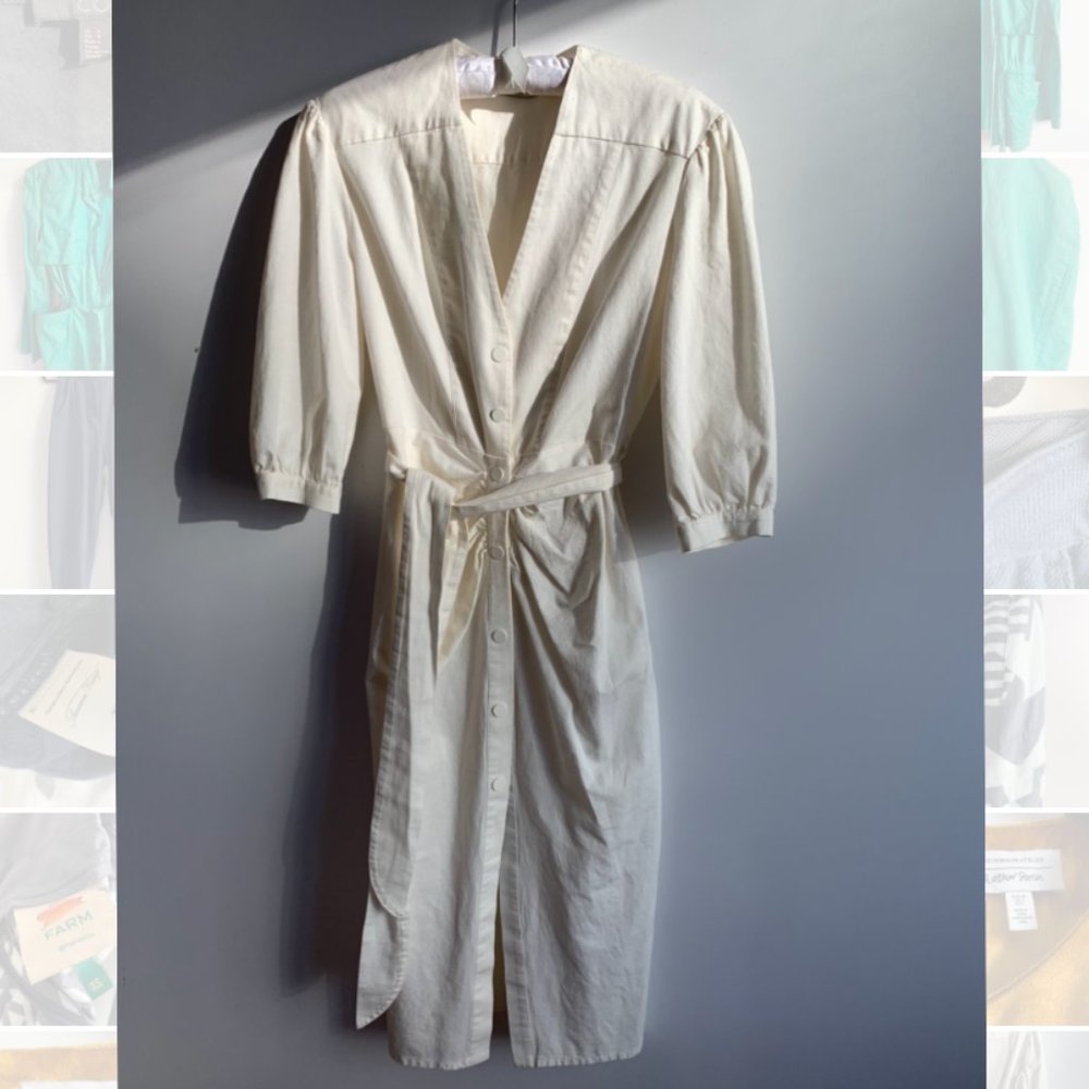 Puff-sleeve Belted Button-front Midi dress